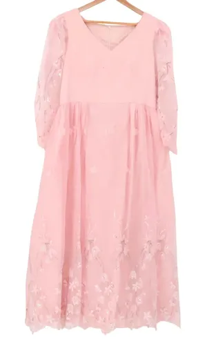 Vintage 70s Pink Floral Embroidered Sequin Maxi Dress Womens Size L Princess thumbnail 1