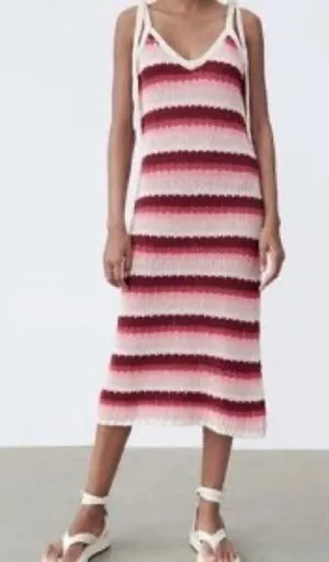 Zara limited Edition Multicolor Crochet‎ Midi Dress Shoulder Ties Sz Small CP thumbnail 1