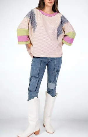 Size S (Oversized) Easel Los Angeles Mineral Washed Stripe Mix & Match Terry Kni thumbnail 1