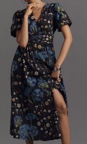 Anthropologie The Katerina Button Front Floral Short Sleeve Midi Dress Blue S thumbnail 1