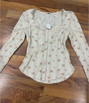 Free People Lets Party Cardi Floral lace trim cotton Waffle Knit Square Neck Long Sleeve Button Front Top thumbnail 4
