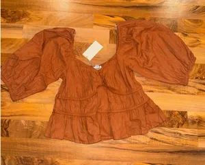 A New‎ Day Peplum Top Women LG burnt orange NEW Linen Blend Puff Sleeve Babydoll thumbnail 1