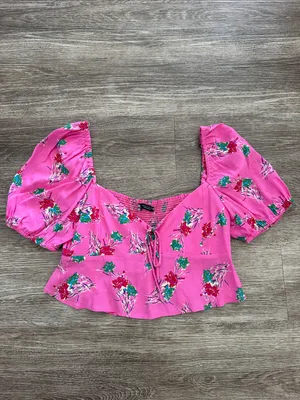 Zara pink floral feminine puff sleeve crop top blouse small thumbnail 5