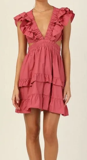 Runway Scout Womens Ruffled Cut Out Backless Rose Pink Mini Dress Size XS Cotton thumbnail 1