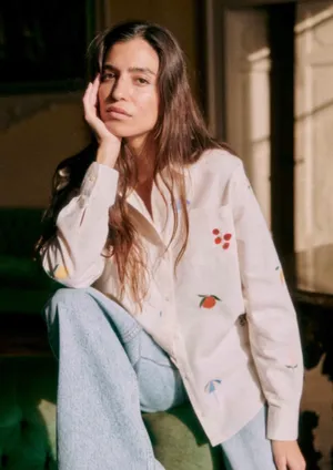Sézane x Pangea Tomboy Shirt Fruit Floral Embroidered Ecru Linen Button down thumbnail 1