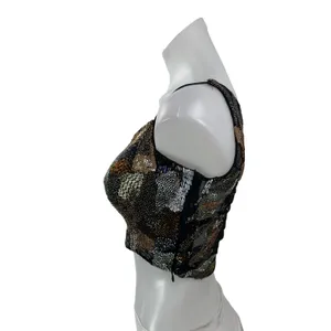 Women's Black Beaded Patchwork Mesh Sleeveless V Neck Cami Tank Crop Top Size S thumbnail 2