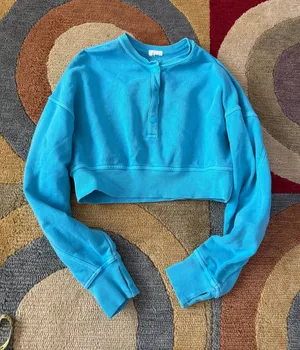 Offline by Aerie Throwback Snap Fleece Crewneck Sweatshirt Blue Cropped Size XXS thumbnail 1