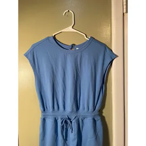 Womens Sz Small Casual Romper Light Blue Open Back Elastic Waist Tie Closure Cap thumbnail 5