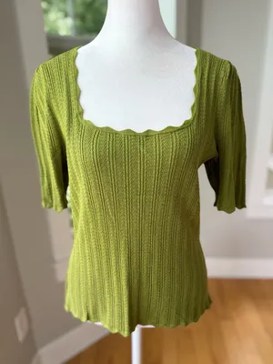 Ophelia Roe Scalloped Square-Neck Ribbed Knit Top in Olive Green Sz Large thumbnail 1