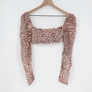 Naked Wardrobe Leopard Print Long Sleeve Crop Top Small Smocked Back thumbnail 5