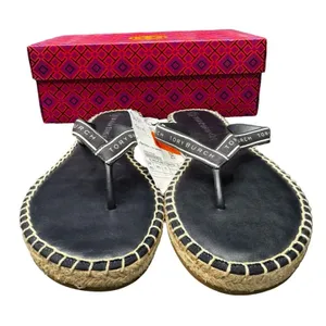 Tory Burch Flat Espadrille Sandals Women’s 11 Black White Logo Strap BNIB thumbnail 3