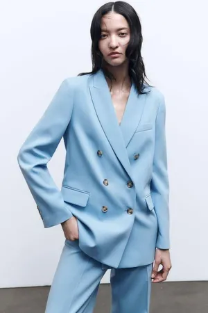 ZARA blazer suit jacket double breasted relaxed long baby blue thumbnail 9