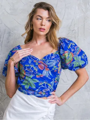 Flying Tomatoe Floral Puff Sleeve Sweetheart Top in Royal Blue M thumbnail 1