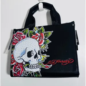 Ed‎ Hardy Y2K Skull Rose Tote Bag NWT Black Vegan Leather Rhinestone Crossbody thumbnail 2