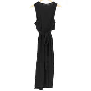 Black Ribbed Knit Maxi Dress Sleeveless Wrap Front Tie Waist thumbnail 4