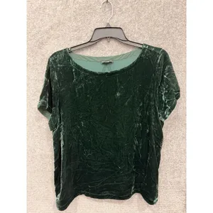 Eileen Fisher Womens Top XL Green Crushed Velvet Silk Blend Short Sleeve Tee thumbnail 3