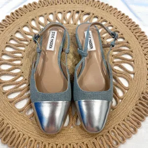 Steve Madden Belinda Adjustable Buckle Sling Back Flats Denim Silver Size 6 thumbnail 3