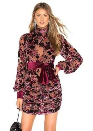 Ronny Kobo Georgina Burgundy Burnout Floral Velvet Long Sleeve Mini Dress Sz M thumbnail 1