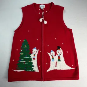 Breckenridge‎ Womens Red Ugly Christmas Sweater Vest Snowman Zip Medium Holiday thumbnail 1