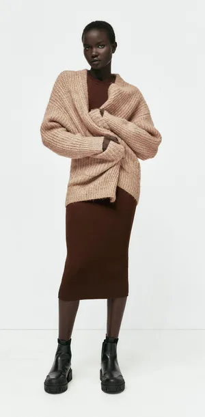 ZARA Patch Pocket Knit Oversized Cardigan Jacket Sweater Outerwear Tan Brown thumbnail 4
