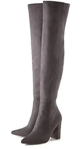 Everley Over‎ The Knee Boots Women 10M Grey Taupe Faux Suede Block Heel Pointed thumbnail 1