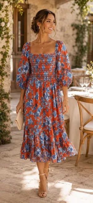 Cara Cara Jazzy Floral Smocked Maxi Dress Puff Sleeve Orange Blue Size Medium thumbnail 1