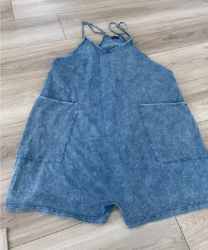 Automet Women Acid Wash Denim Romper XL Blue Sleeveless Overalls Jumpsuit thumbnail 1