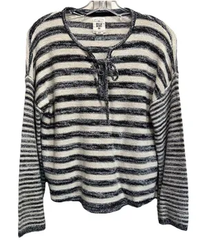 Billabong Striped Tie‎ Up Sweater Long Bell Sleeve Size L Black/Cream Knit Soft thumbnail 1