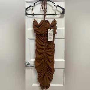 Zara Brown Ruched Mini Dress Front Cutout Size S thumbnail 2