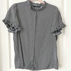 T Tahari Navy and White Stripe Button Down Blouse Large NWT thumbnail 1