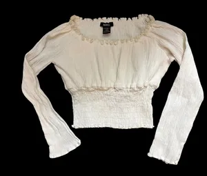 metrostyle Cream Smocked Ruffle Long-Sleeve Crop Top thumbnail 1