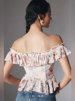 Anthropologie Floral Off-Shoulder Ruffle Crop Top - Pink & Cream thumbnail 2