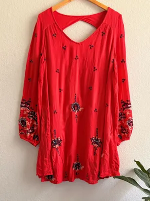 Free People Floral Embroidered Babydoll Dress Women Orange Red Size Large thumbnail 1
