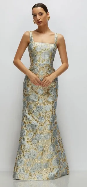 Dessy Collection metallic floral brocade trumpet gown thumbnail 1