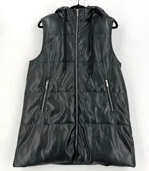 Vigoss Women L Black Faux Leather Hooded Long Puffer Vest Zip Pockets Moto Edgy thumbnail 1