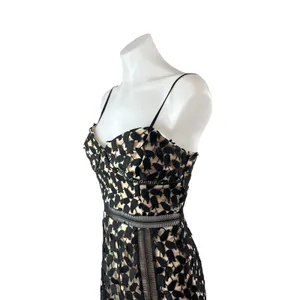 Just Me Black Beige Floral Layered Sleeveless Bustier Cami Midi Sheath Dress S thumbnail 2