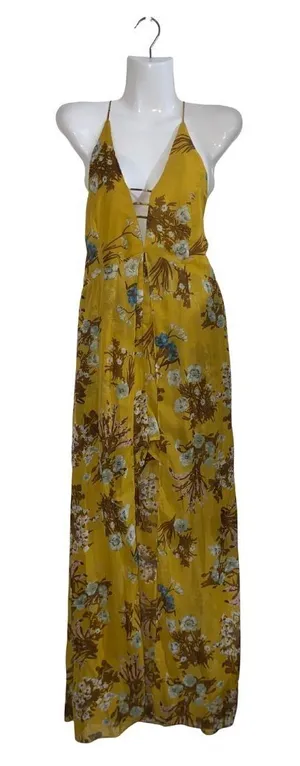Essue Halter Floral Romper Maxi Dress Slit Large NWT Criss Cross Back Boho Chic thumbnail 1