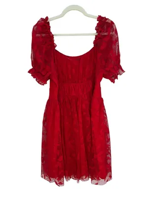 SBetro Plus 2XL Red Lace Overlay Puff Sleeve Sweetheart Mini Dress Coquette NWT thumbnail 3