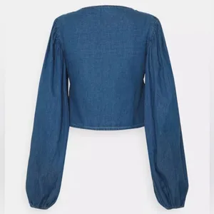 Missguided Tie Front Square Neck Volume Sleeve Denim Crop Top‎ Deep Blue Size 6 thumbnail 4