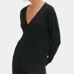 UGG Size Medium Black Ribbed Three Button Long Sleeve Top. New With Tags. thumbnail 3