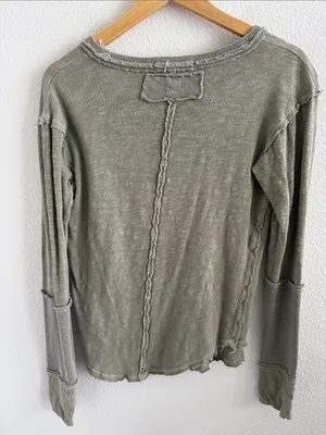 Free People We The Free Olive Henley Long Sleeve Top with Distressed Trim Medium thumbnail 2