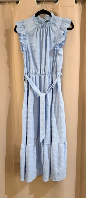 SHEIN Light Blue Ruffled Dress with Waist Tie thumbnail 1
