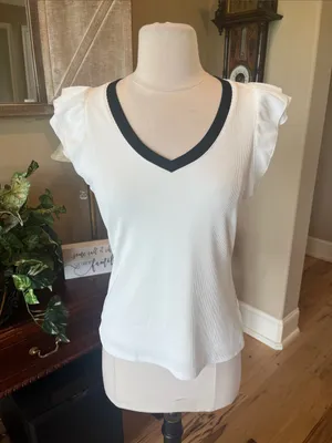 Women's off White V-Neck Ruffle Sleeve Top with Black Trim thumbnail 4