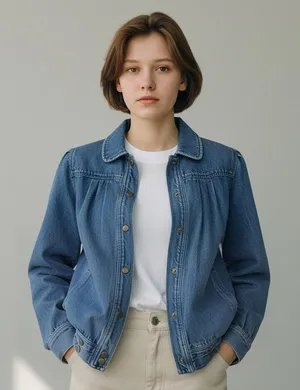 12 L vintage 1980s denim bomber jacket jean puff shoulder Western Cowgirl Chic thumbnail 1