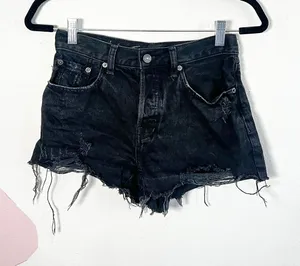 Free People We the Free High Waist Denim Shorts Button Fly Distressed‎ Size 25 Black thumbnail 1
