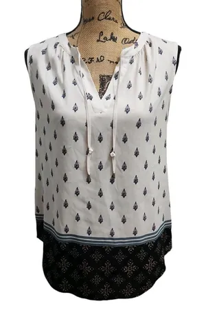 Ann Taylor Womens Size M Tunic Top‎ White Sleeveless Keyhole Tie Front thumbnail 1