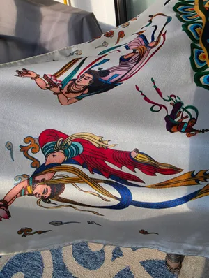 Vintage 100% Silk Scarf Hand Rolled Hem. DunHuang Art 43x41" thumbnail 5