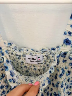 Vanilla Star Blue & White Smocked Floral Crop Top thumbnail 3