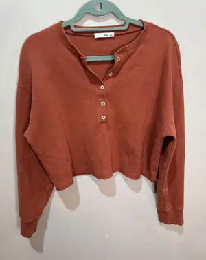 Wilfred Free Mavis Henley‎ Ribbed Cropped Long Sleeve Top Sz M Terracotta thumbnail 1