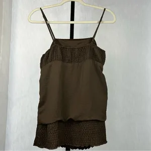 Lulumari Tank Top Womens Medium Brown Sequins Front Smocking Waist Satin Blouse thumbnail 2